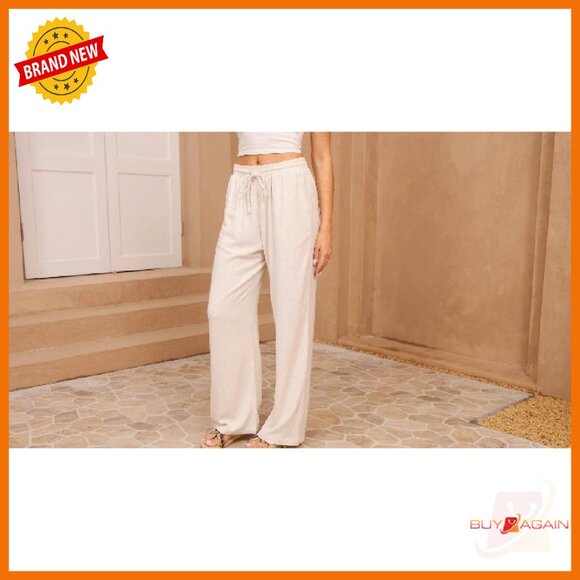 Cotton Linen Palazzo Pants Wide Leg Elastic Waist Drawstring Casual Lounge - Picture 7 of 7